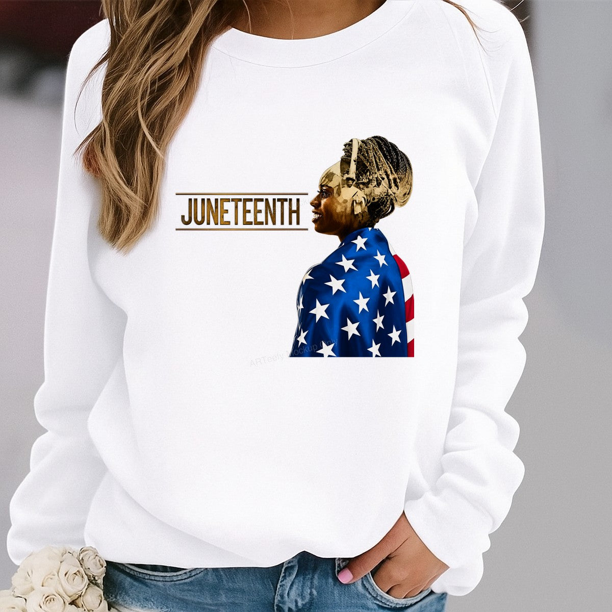 DTF Heat Transfer Juneteenth Woman Wrapped in American Flag Graphic for T Shirts Hoodies and Tote Bags - 2