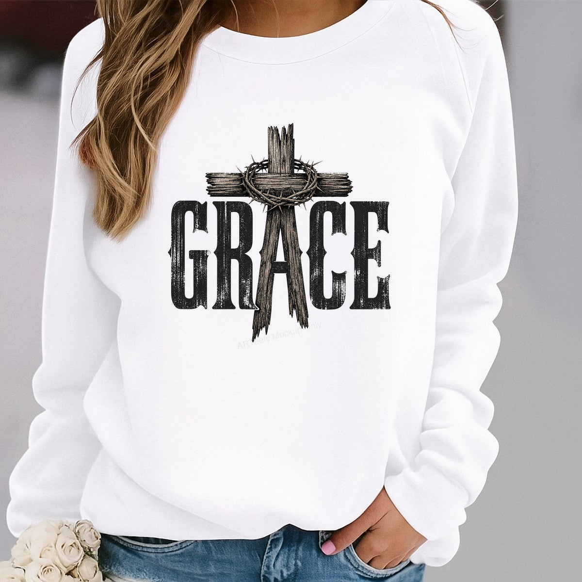 Christian Heat Transfer GRACE Wooden Cross with Crown of Thorns Rustic Graphic for T Shirts Hoodies and Tote Bags - 2