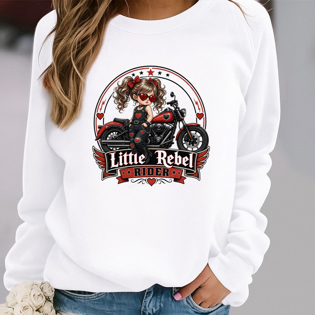 DTF Heat Transfer Little Rebel Rider Biker Girl with Red Hearts Graphic for T Shirts Hoodies and Tote Bags - 2