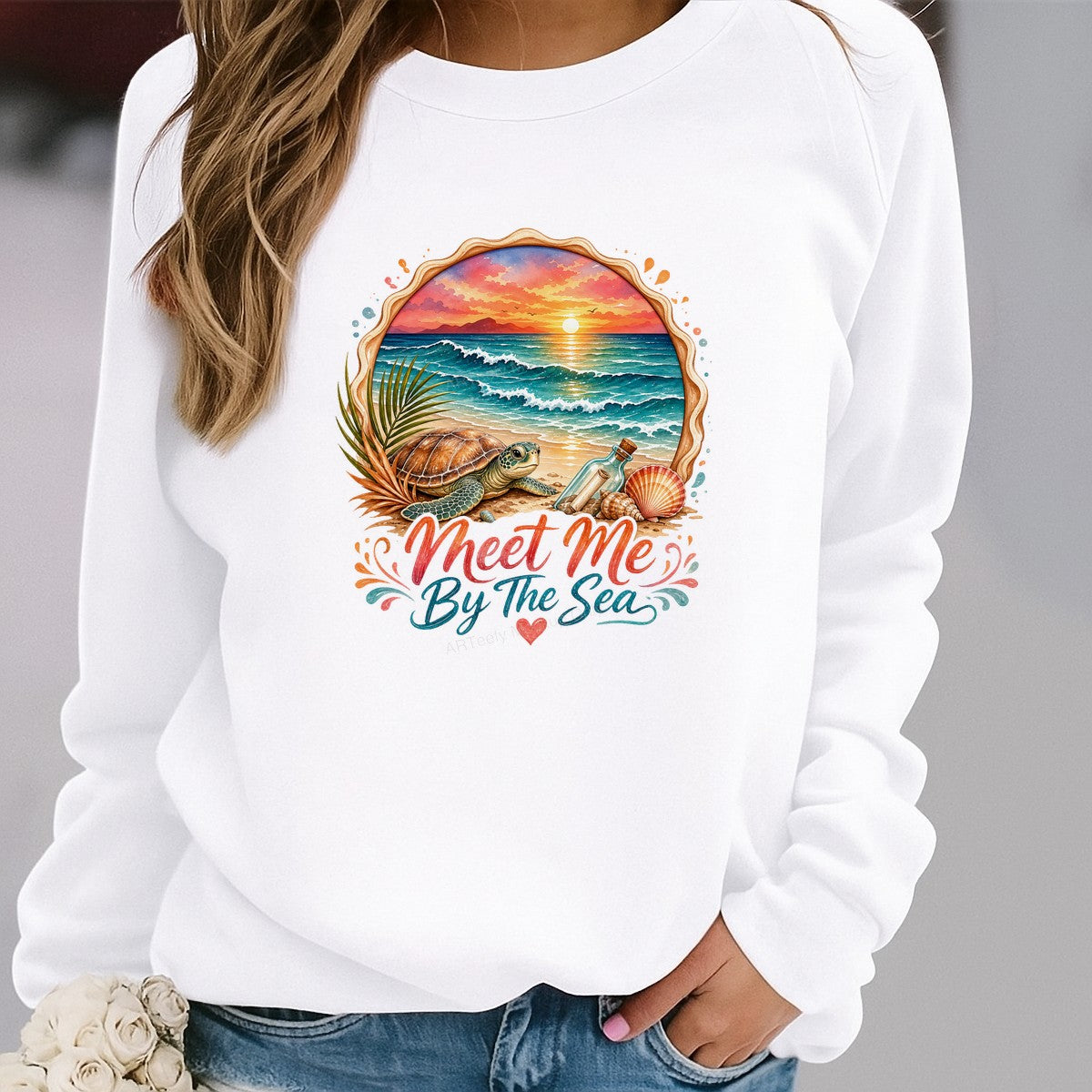 DTF Heat Transfer Meet Me By The Sea Turtle Sunset Beach Graphic for T Shirts Hoodies and Tote Bags - 2
