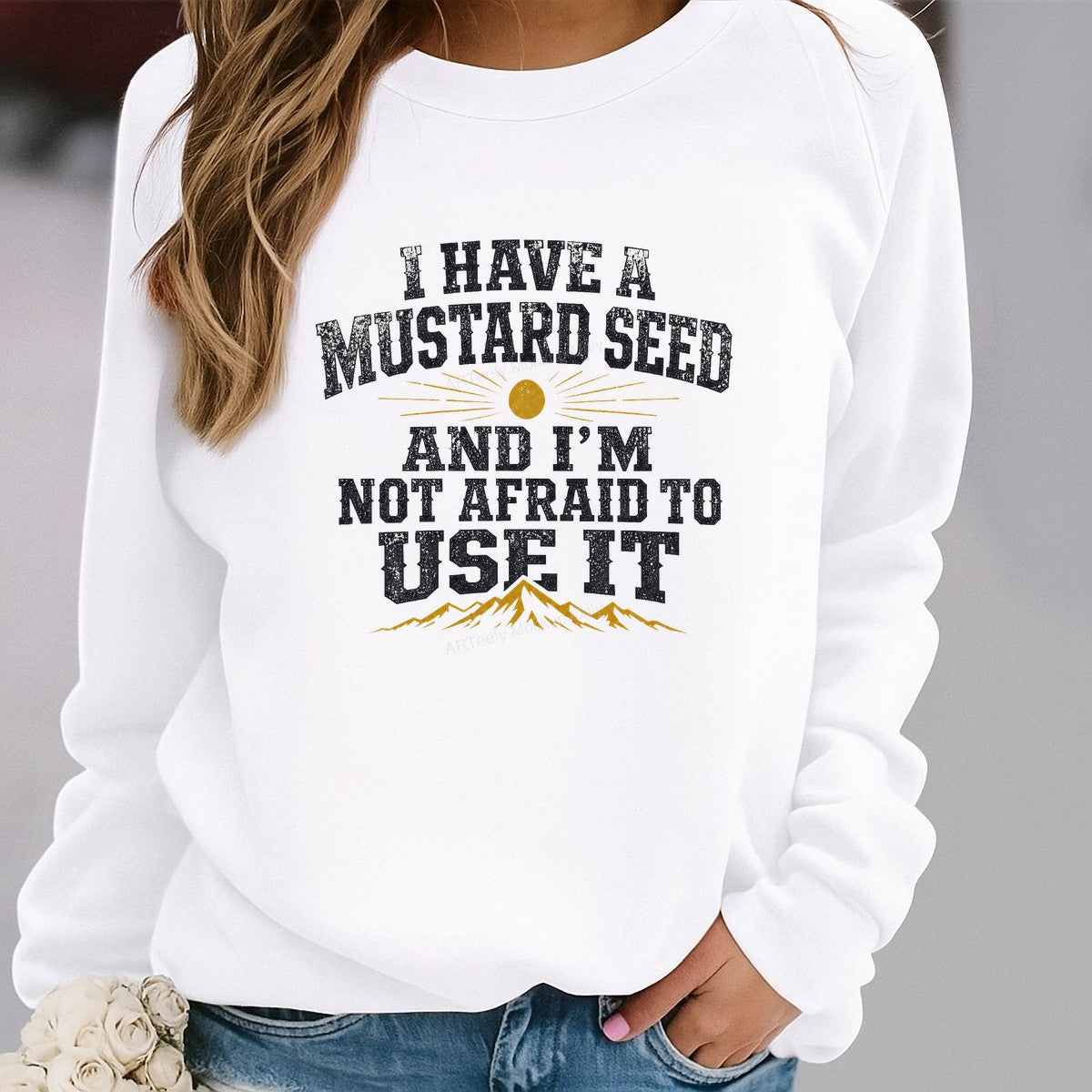 Christian Heat Transfer I Have a Mustard Seed Quote Vintage Sun and Mountain Graphic for T Shirts Hoodies and Tote Bags - 2