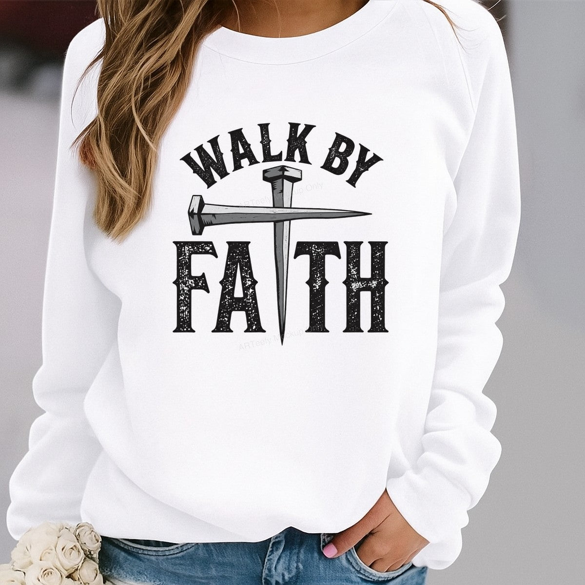 Christian Heat Transfer Walk By Faith Nail Cross Graphic for T Shirts Hoodies and Tote Bags - 2