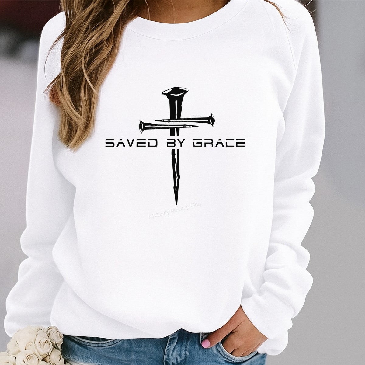 Christian Heat Transfer Saved By Grace Nail Cross Graphic for T Shirts Hoodies and Tote Bags - 2