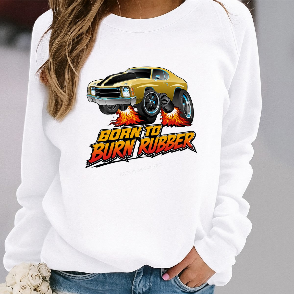 DTF Transfer Born To Burn Rubber Muscle Car Flames Graphic for T Shirts Hoodies and Racing Apparel - 2