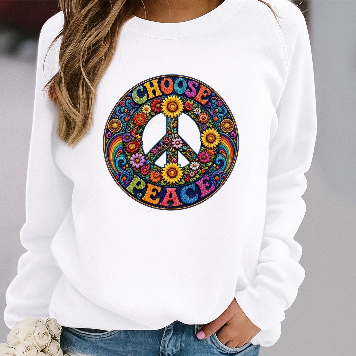 DTF Transfer Choose Peace Floral Rainbow Hippie Peace Sign Graphic for T Shirts Hoodies and Tote Bags - 2