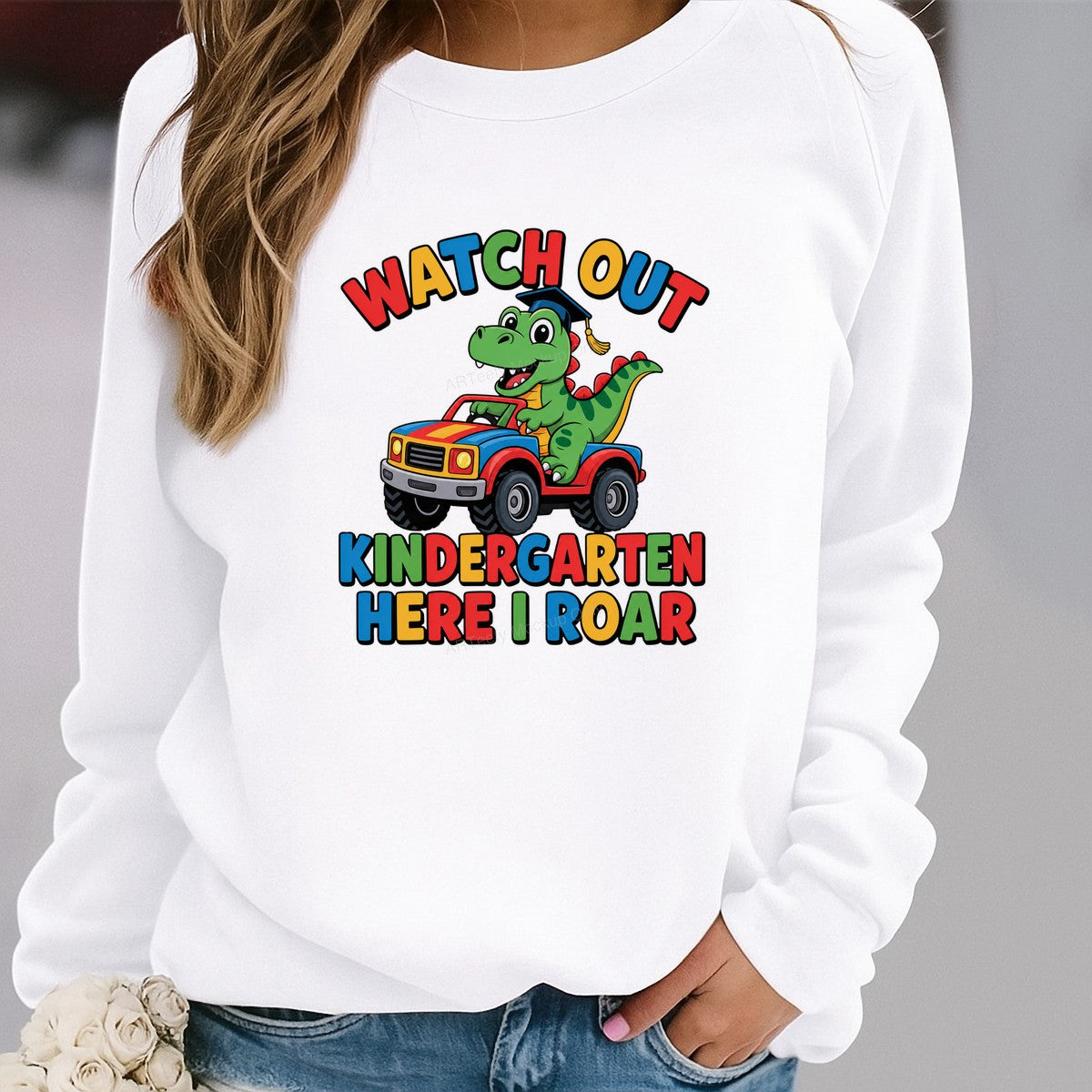 DTF Transfer Watch Out Kindergarten Here I Roar Dinosaur in Car Graphic for Back to School Shirts and Hoodies - 2