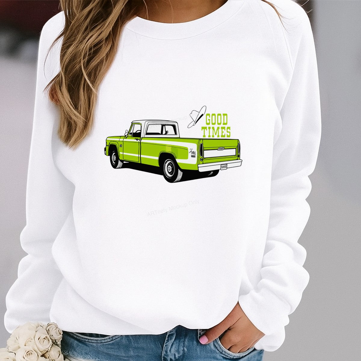 Western Heat Transfer Retro Green Pickup Truck Good Times Quote Graphic for T Shirts Hoodies and Tote Bags - 2