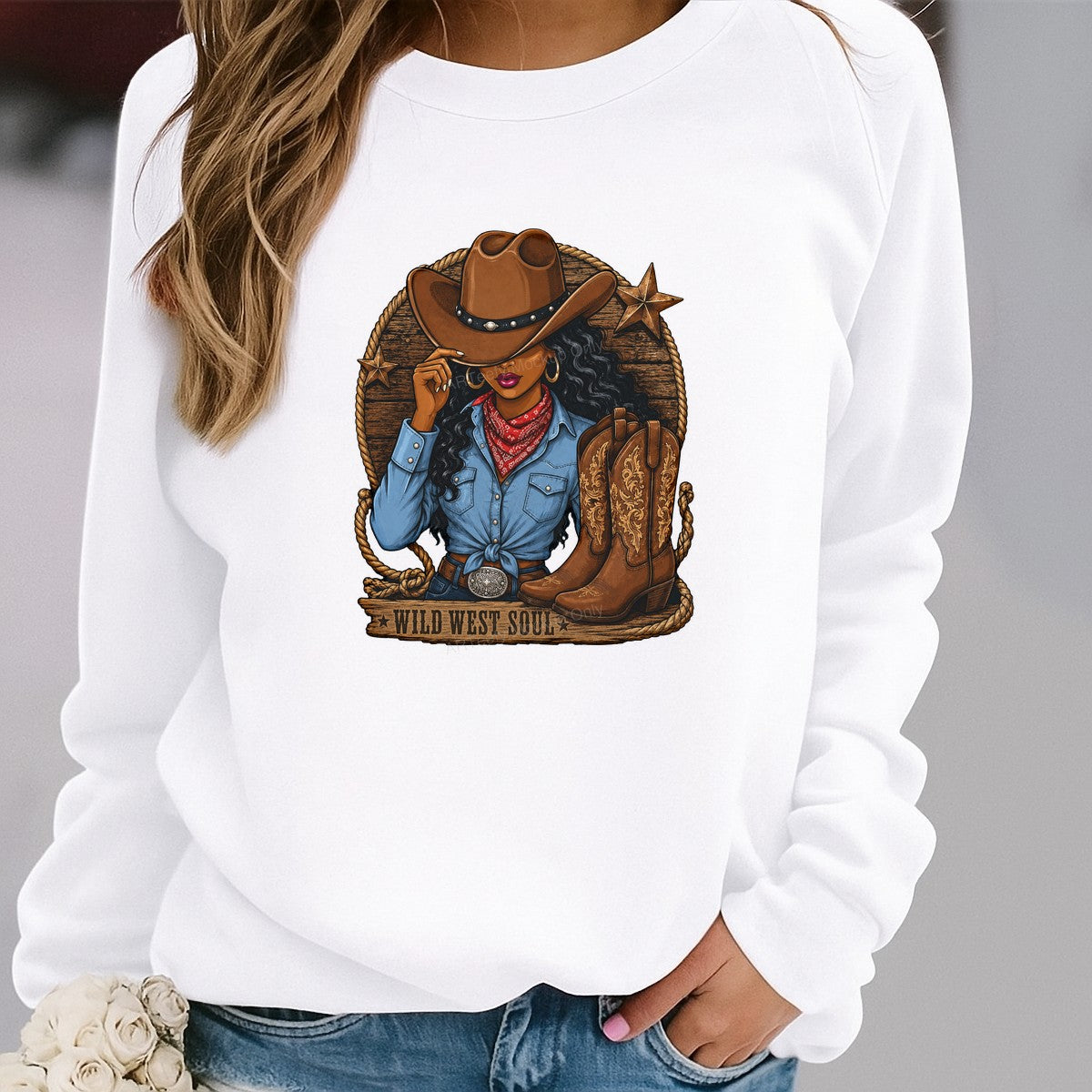 Western Heat Transfer Wild West Soul Cowgirl with Boots Rustic Graphic for T Shirts Hoodies and Tote Bags - 2