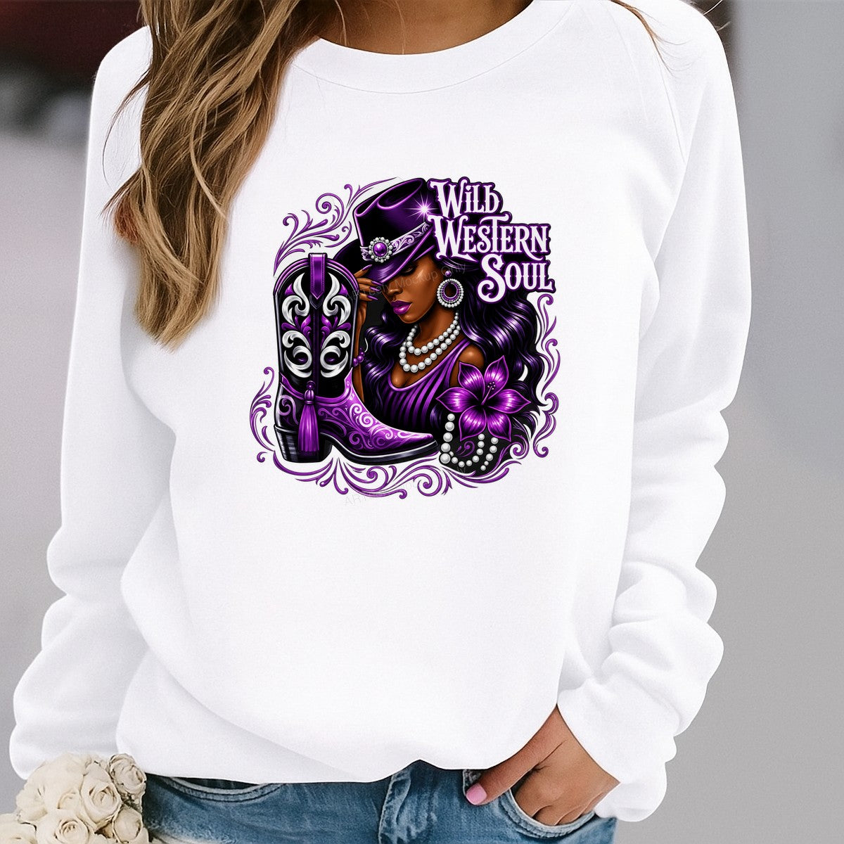 Western Heat Transfer Wild Western Soul Cowgirl with Purple Boot Graphic for T Shirts Hoodies and Tote Bags - 2