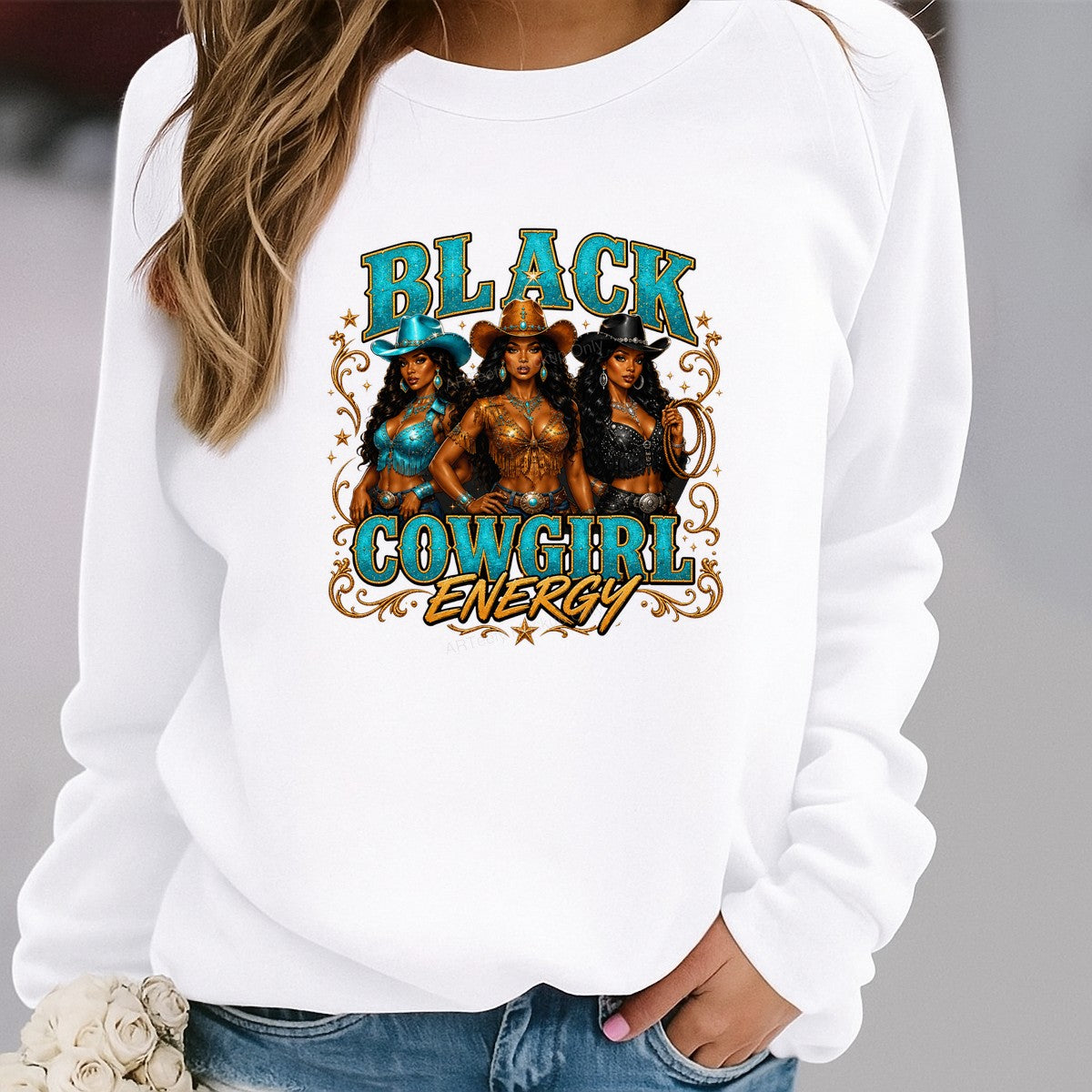 Western Heat Transfer Black Cowgirl Energy Trio Graphic for T Shirts Hoodies and Tote Bags - 2
