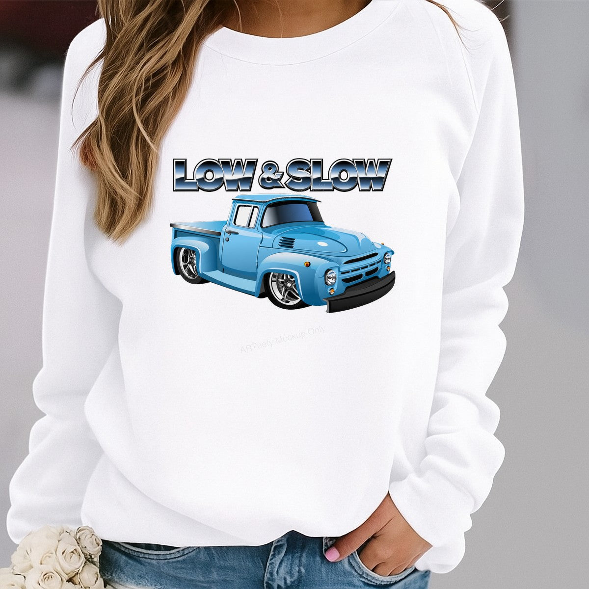 DTF Transfer Low & Slow Slammed Blue Pickup Truck Graphic for T Shirts Hoodies and Garage Apparel - 2