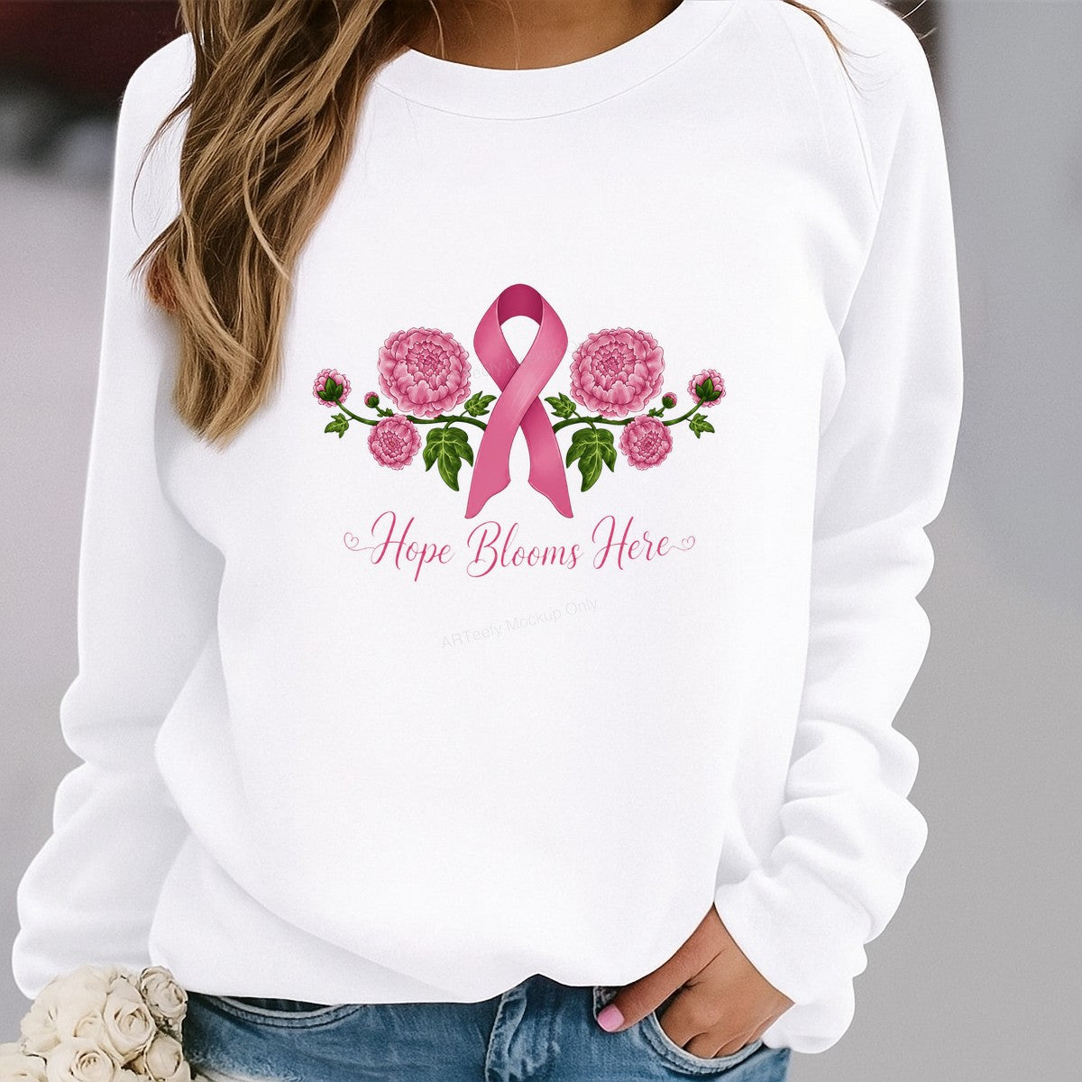 DTF Transfer Hope Blooms Here Pink Ribbon Floral Graphic for T Shirts Hoodies and Tote Bags - 2