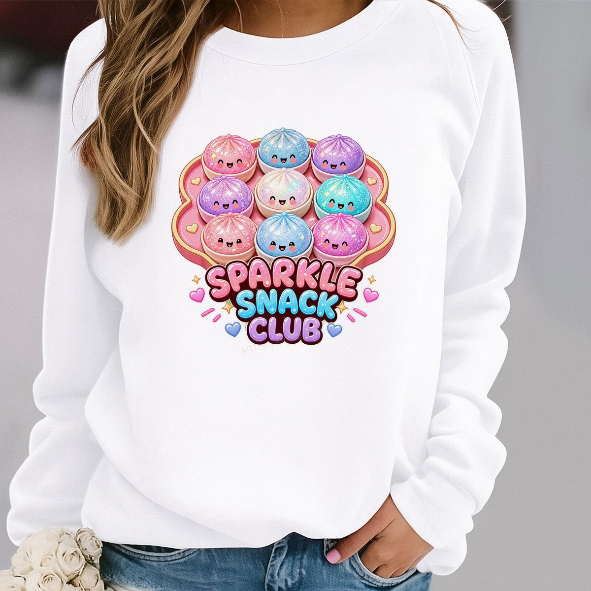 Funny Graphic Transfer Sparkle Snack Club Glitter Dumpling Characters Design for T Shirts Hoodies and Tote Bags - 2