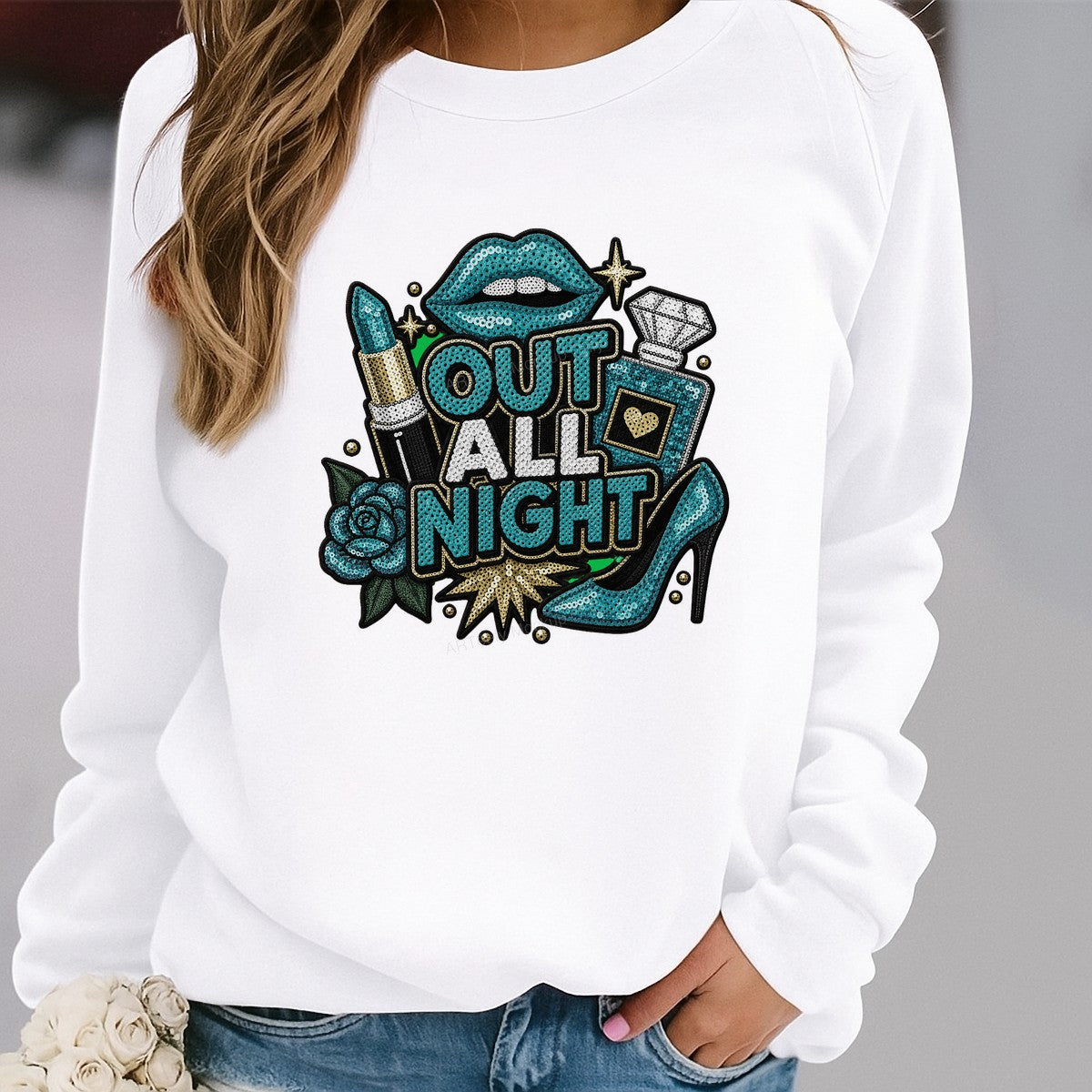 DTF Heat Transfer Out All Night Quote with Sequin Lips Lipstick and High Heel Graphic for Party Shirts Hoodies and Tote Bags - 2