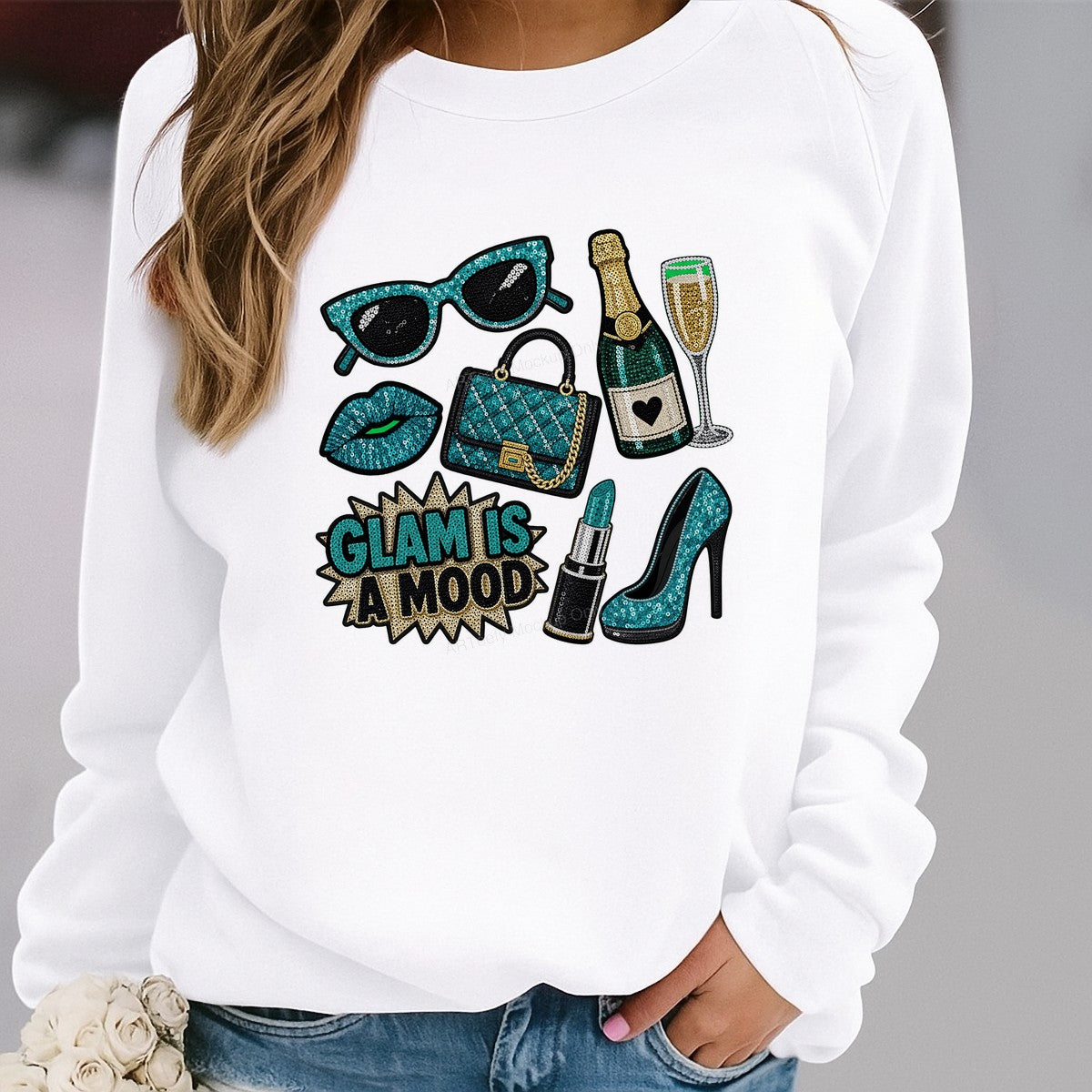 DTF Heat Transfer Glam Is A Mood Quote with Teal Sequin Sunglasses Handbag Champagne and High Heel for T Shirts Hoodies and Tote Bags - 2