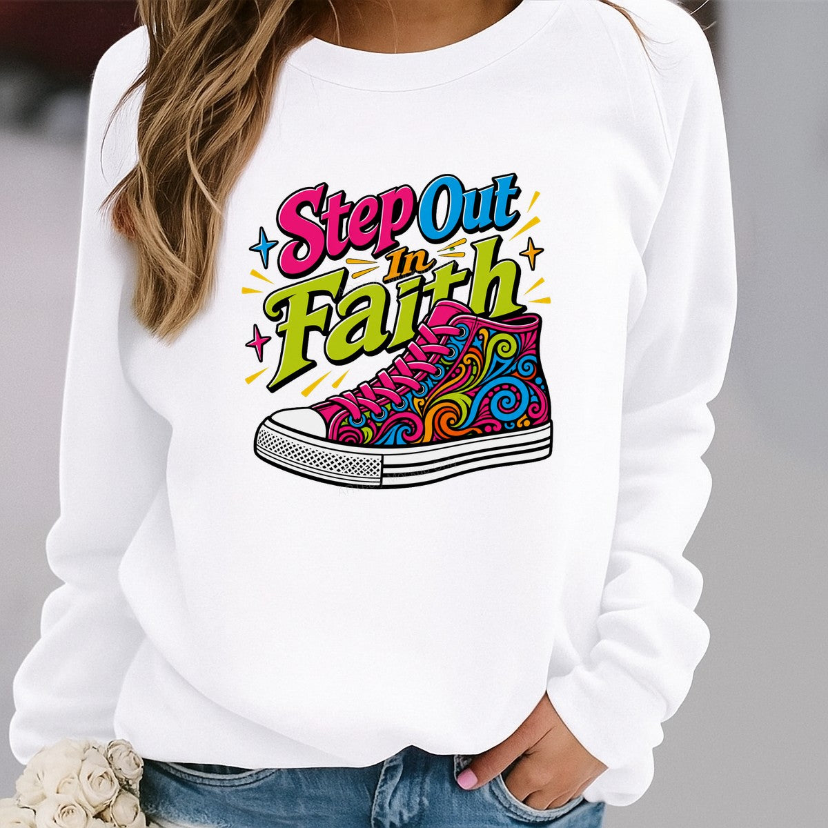 Christian Heat Transfer Step Out In Faith Quote with Colorful Sneaker Graphic for T Shirts Hoodies and Tote Bags - 2