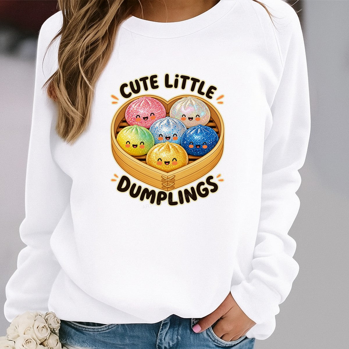 DTF Transfer Cute Little Dumplings Quote Glitter Cartoon Graphic for T Shirts Hoodies and Tote Bags - 2