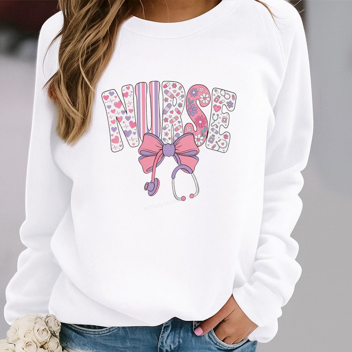 DTF Transfer Nurse Lettering with Pink Bow and Stethoscope Graphic for T Shirts Hoodies and Tote Bags - 2