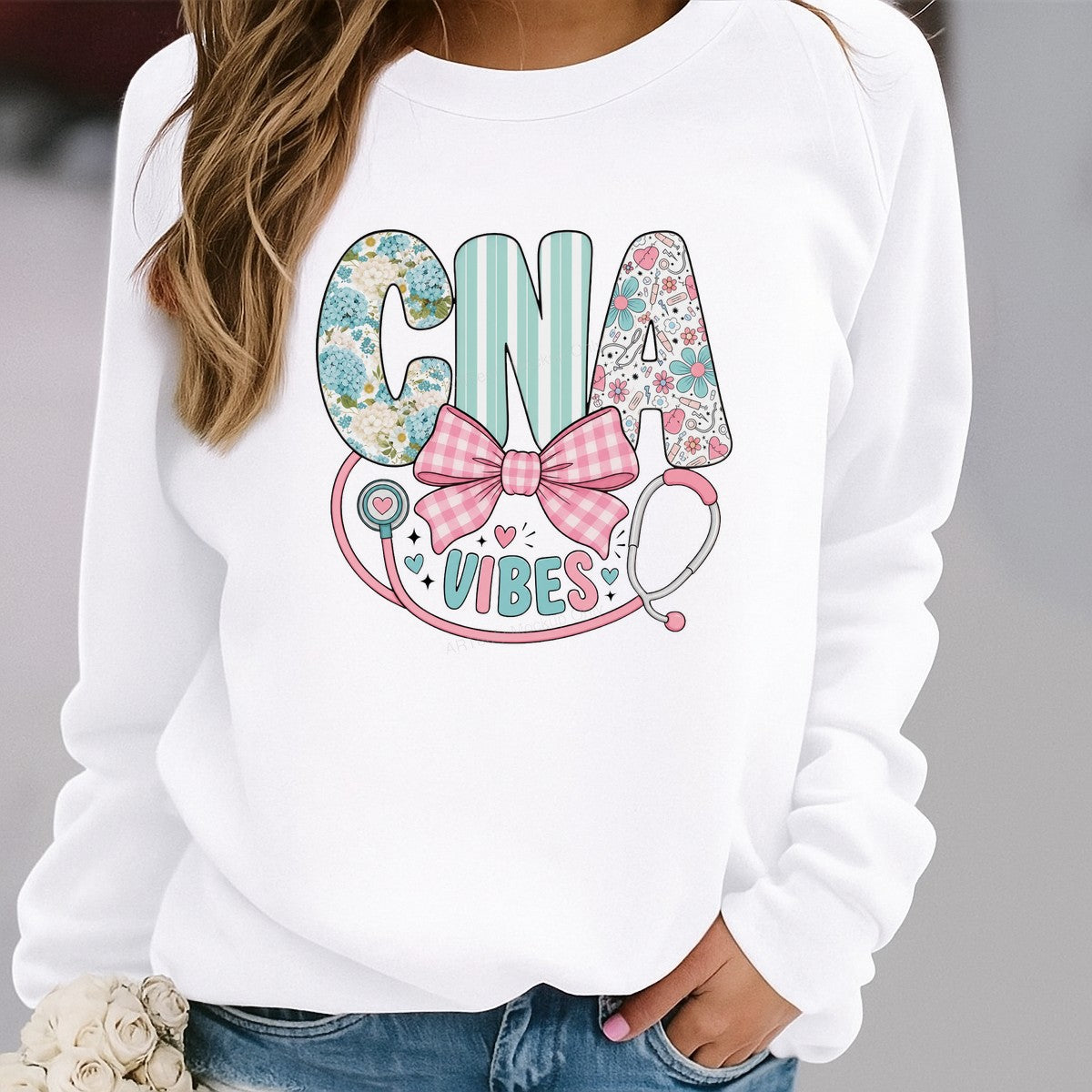 DTF Heat Transfer CNA Vibes Floral Stripe Stethoscope Graphic for T Shirts Hoodies and Nurse Gifts - 2