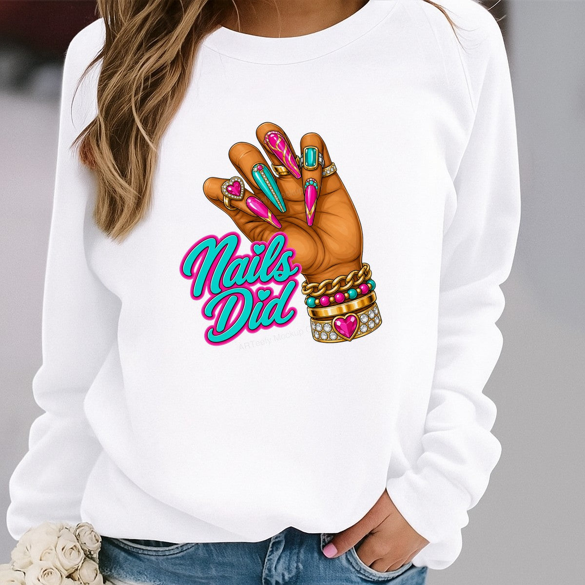 DTF Heat Transfer Nails Did Manicure Hand with Rings Graphic for T Shirts Hoodies and Salon Apparel - 2