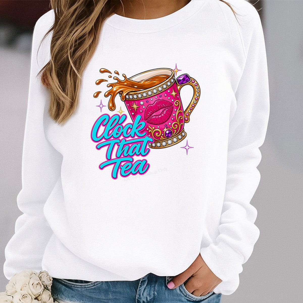 Funny Graphic Transfer Clock That Tea Pink Glam Mug with Lips Design for T Shirts Hoodies and Tote Bags - 2