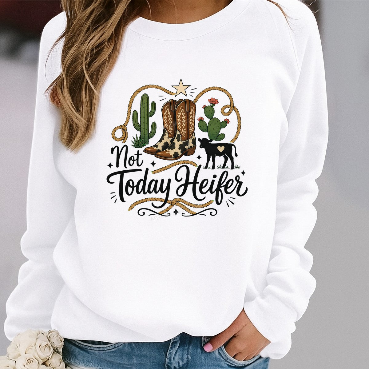Western Heat Transfer Not Today Heifer Cowgirl Boots Cactus Rope Graphic for T Shirts Hoodies and Tote Bags - 2