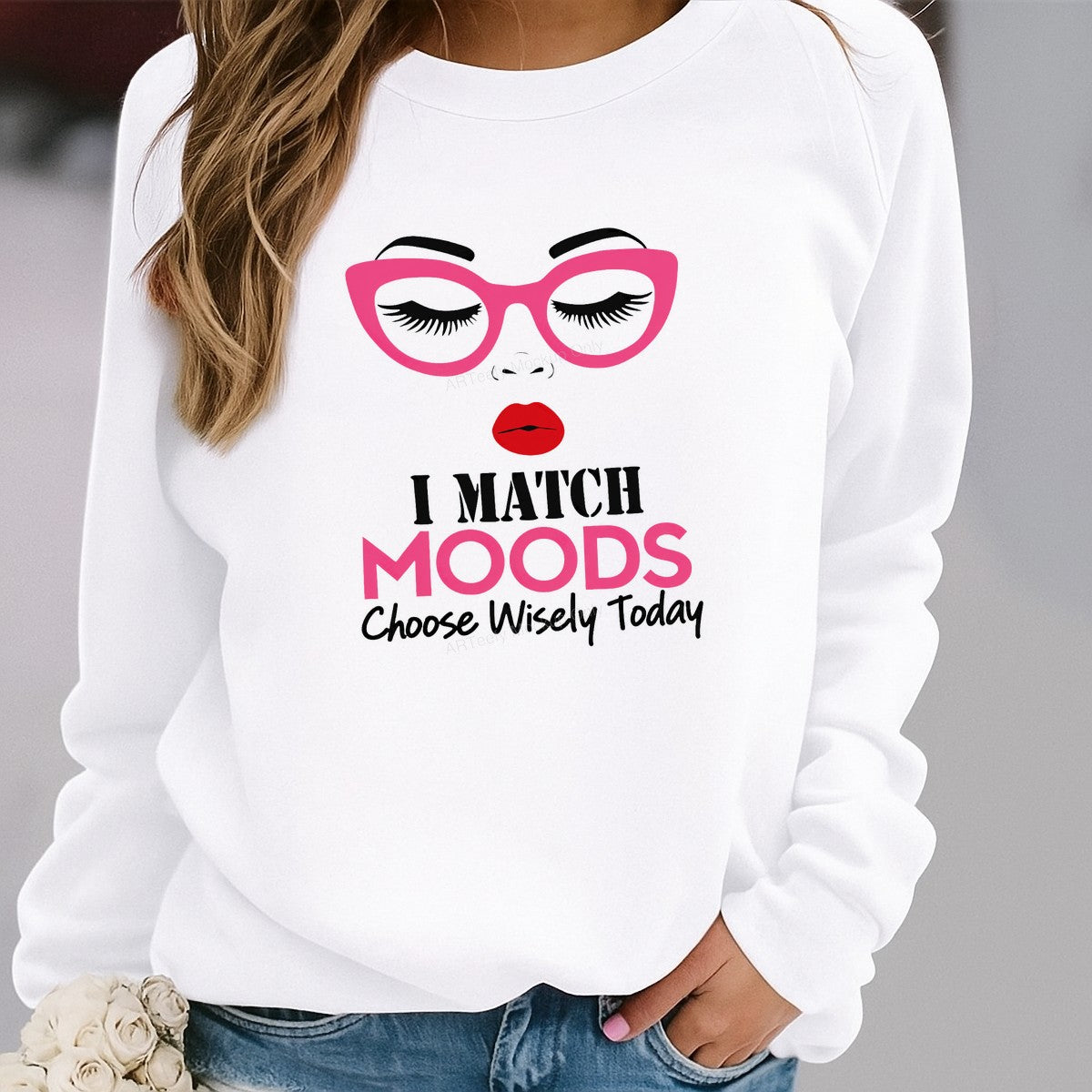 Funny Graphic Transfer I Match Moods Quote with Pink Glasses and Red Lips for T Shirts Hoodies and Tote Bags - 2