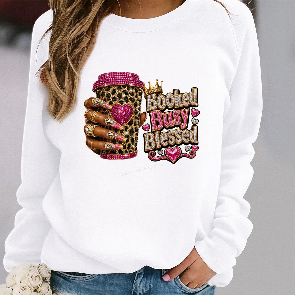 DTF Transfer Booked Busy Blessed Leopard Coffee Cup Bling Graphic for T Shirts Hoodies and Tote Bags - 2