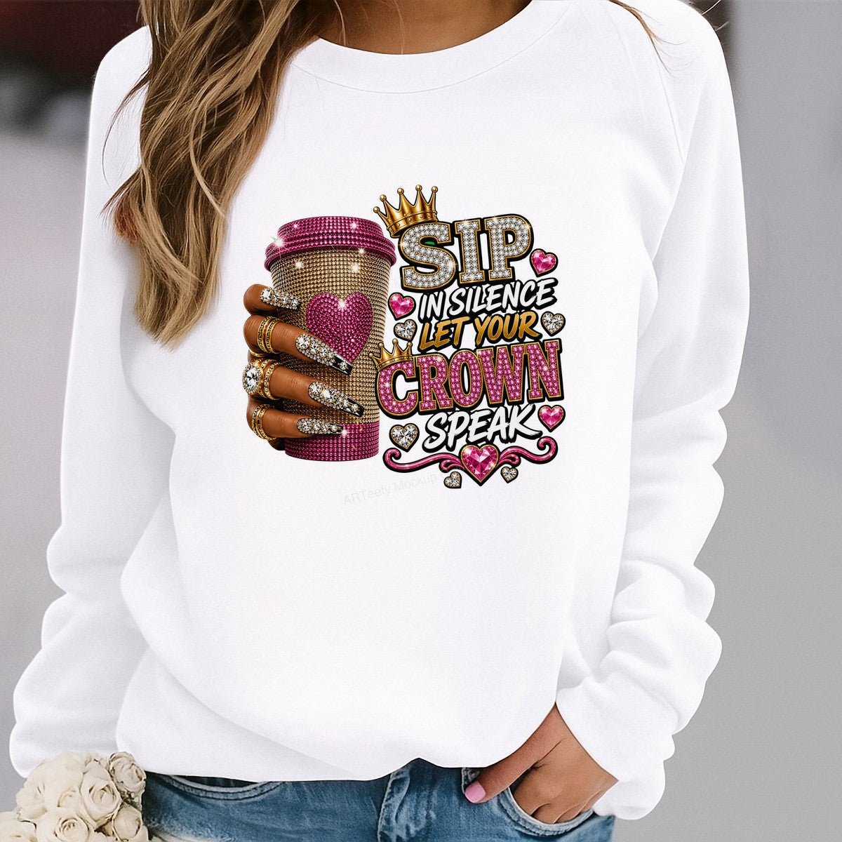 DTF Heat Transfer Sip In Silence Let Your Crown Speak Bling Coffee Cup Graphic for T Shirts Hoodies and Tote Bags - 2