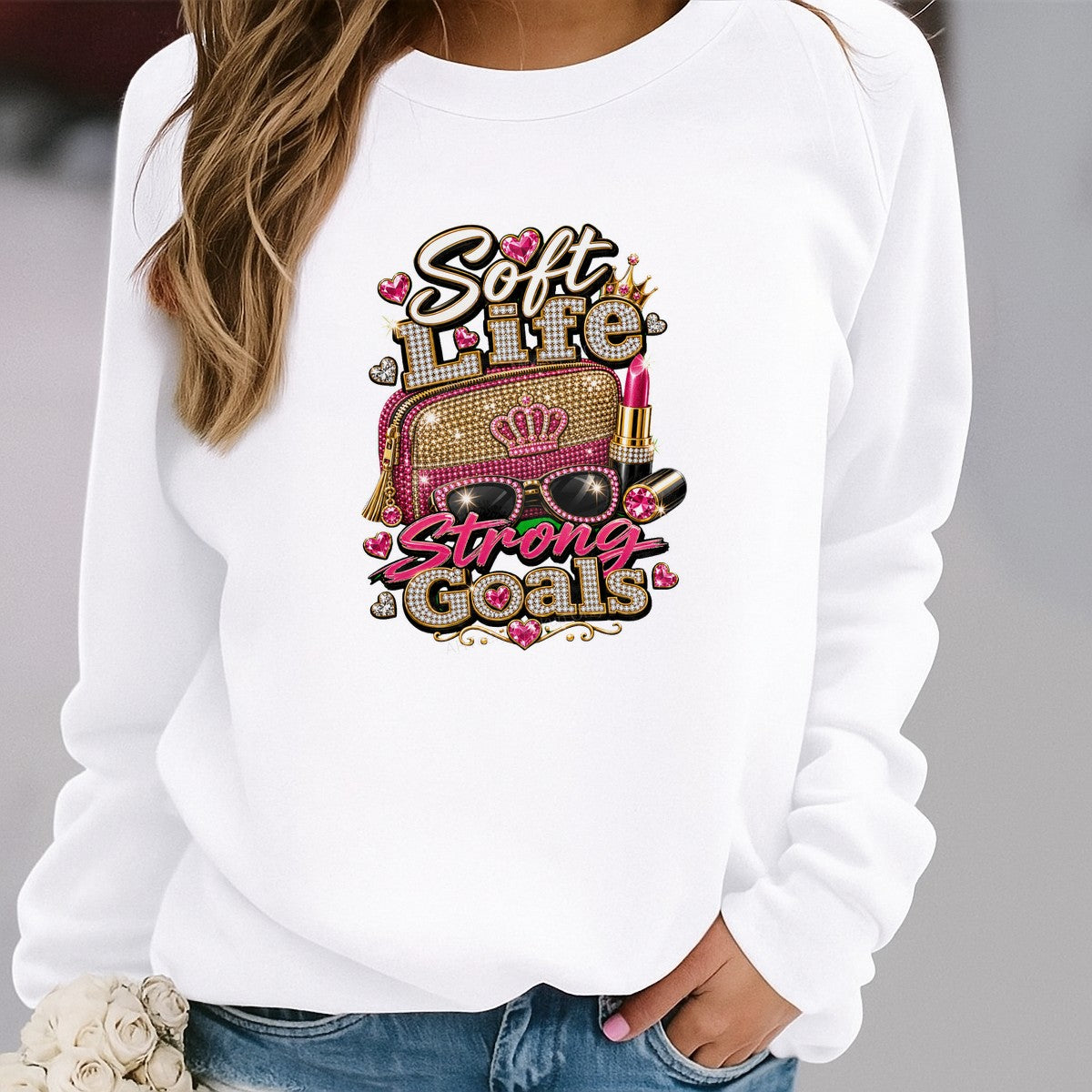 DTF Heat Transfer Soft Life Strong Goals Pink Rhinestone Purse and Lipstick Graphic for T Shirts Hoodies and Tote Bags - 2