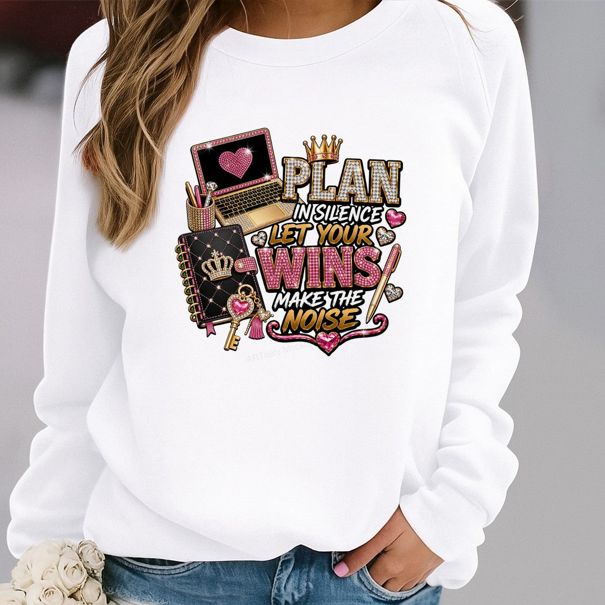 DTF Heat Transfer Plan In Silence Let Your Wins Make The Noise Pink Rhinestone Laptop and Planner Graphic for T Shirts Hoodies and Tote Bags - 2