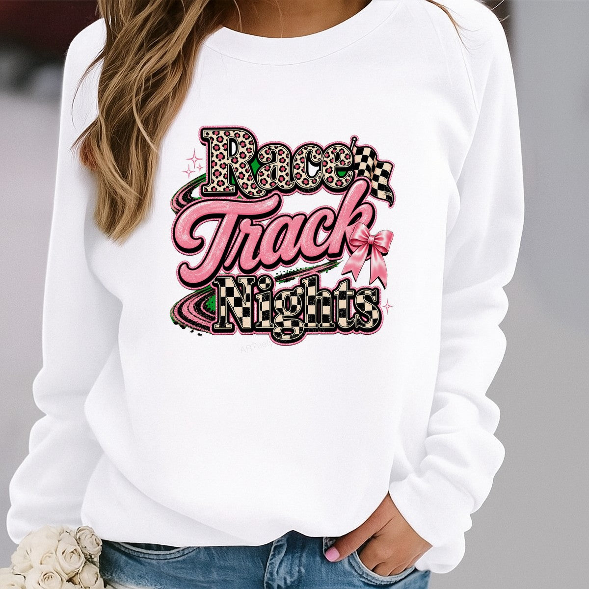 DTF Heat Transfer Race Track Nights Leopard Print Checkered Flag Pink Bow Graphic for T Shirts Hoodies and Tote Bags - 2