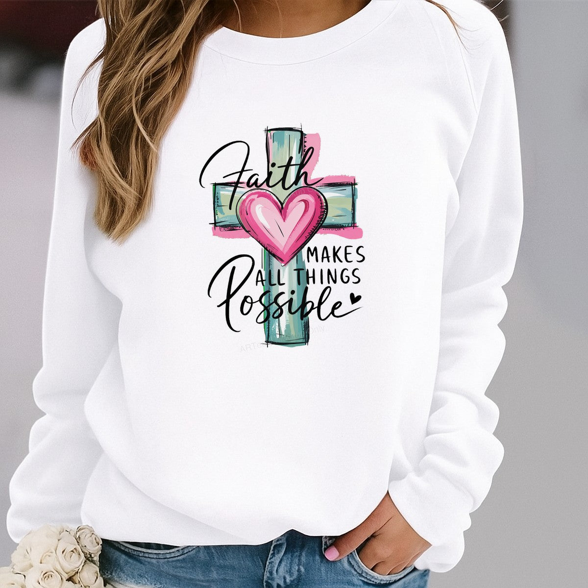 Christian Heat Transfer Faith Makes All Things Possible Heart Cross Graphic for T Shirts Hoodies and Tote Bags - 2