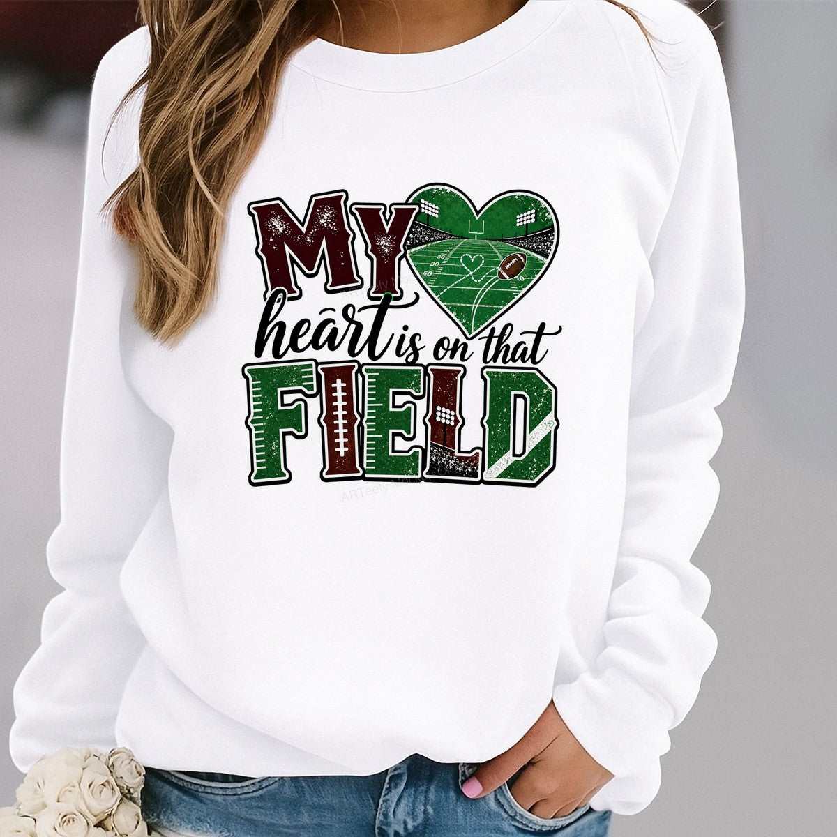 DTF Heat Transfer My Heart Is On That Field Football Heart Stadium Graphic for T Shirts Hoodies and Game Day Apparel - 2
