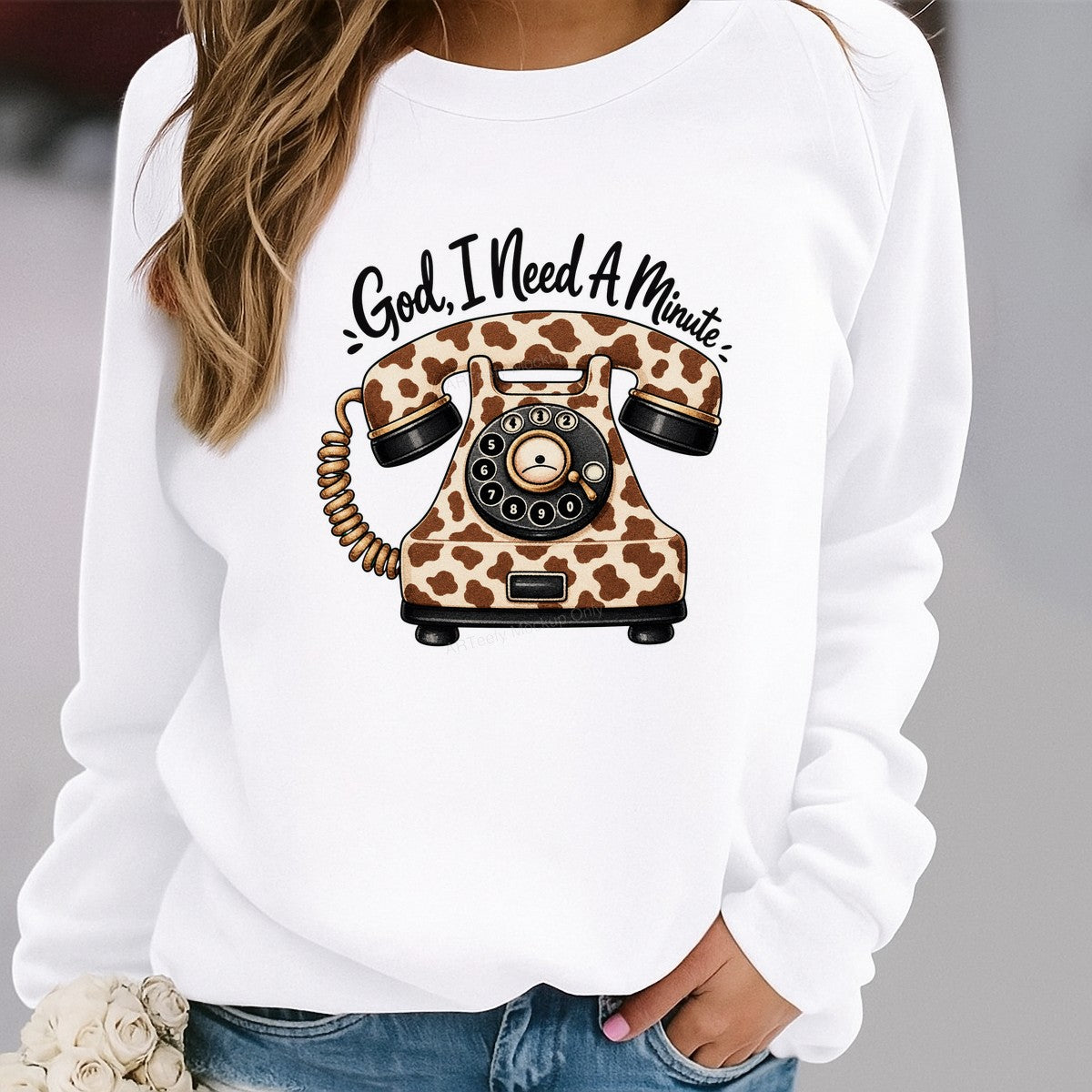 Christian Heat Transfer “God I Need A Minute” Cow Print Retro Phone Graphic for T Shirts Hoodies and Tote Bags - 2