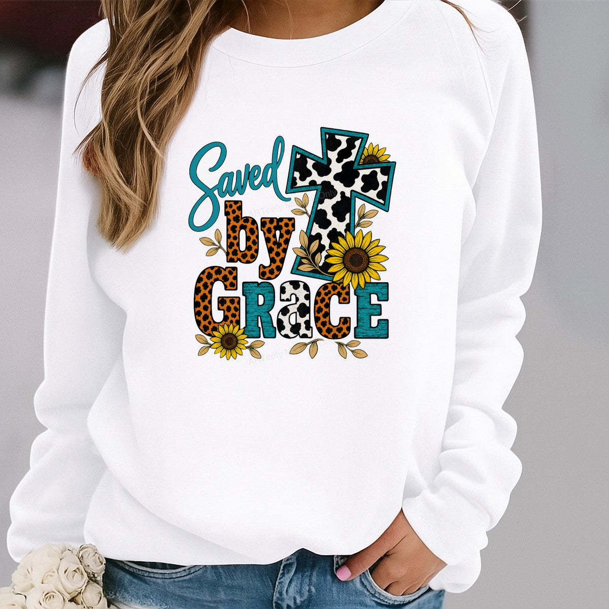 Christian Heat Transfer Saved By Grace Cow Print Cross with Leopard Sunflowers for T Shirts Hoodies and Tote Bags - 2