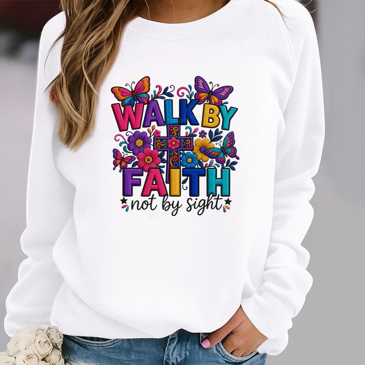 Christian Heat Transfer Walk By Faith Not By Sight Floral Cross and Butterfly Graphic for T Shirts Hoodies and Tote Bags - 2