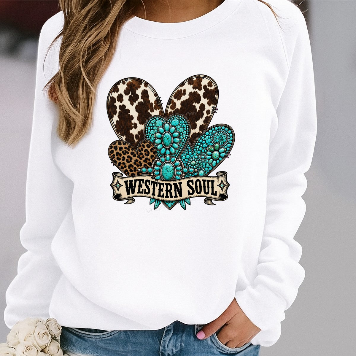 Western Heat Transfer Western Soul Turquoise Concho and Cow Print Hearts Graphic for T Shirts Hoodies and Tote Bags - 2