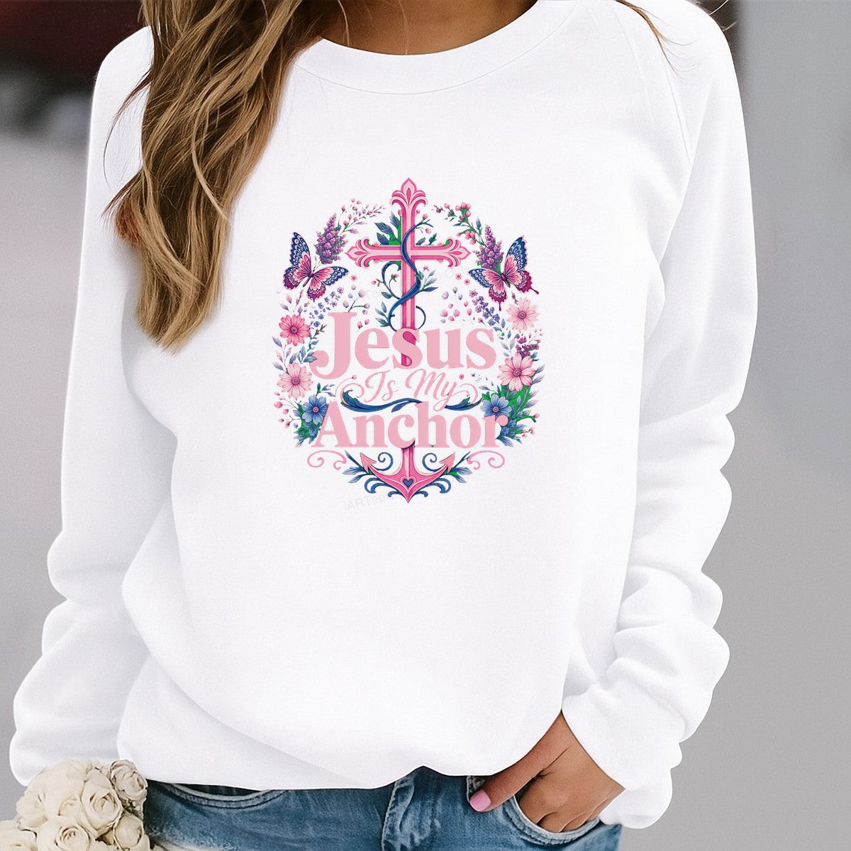 Christian Heat Transfer Jesus Is My Anchor Floral Cross and Butterfly Graphic for T Shirts Hoodies and Tote Bags - 2