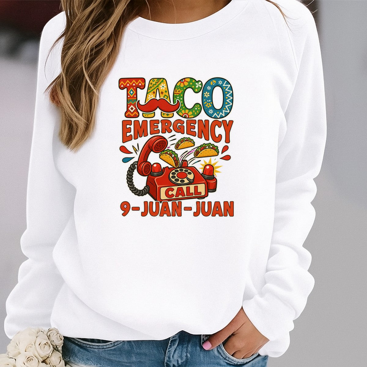 Funny Graphic Transfer Taco Emergency Call 9 Juan Juan Retro Phone and Taco Design for T Shirts Hoodies and Gifts - 2