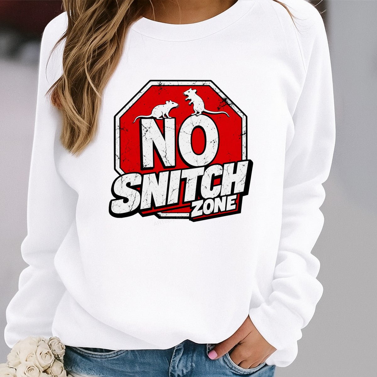 Funny Graphic Transfer No Snitch Zone Rat Sign Distressed Red Stop Sign Design for T Shirts Hoodies and Streetwear - 2