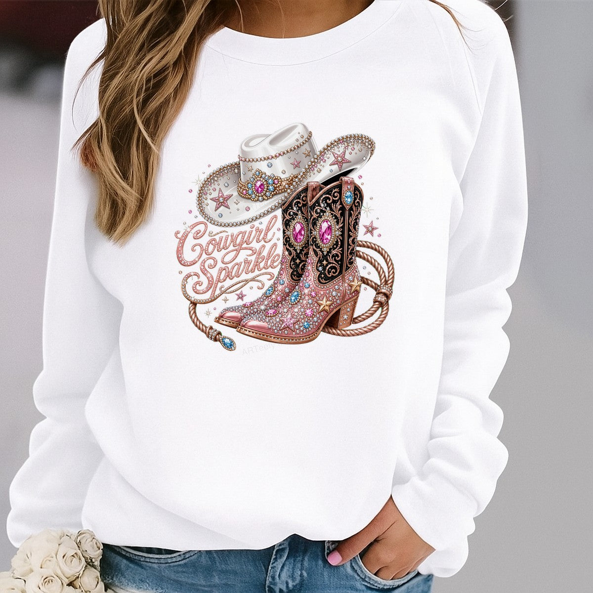 Western Heat Transfer Cowgirl Sparkle Rhinestone Boots and Hat Graphic for T Shirts Hoodies and Tote Bags - 2