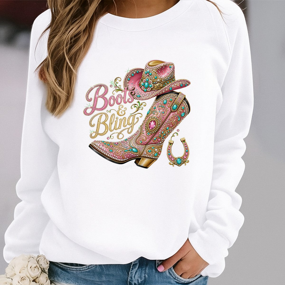 Western Heat Transfer Boots and Bling Pink Rhinestone Cowgirl Boot and Hat Graphic for T Shirts Hoodies and Tote Bags - 2