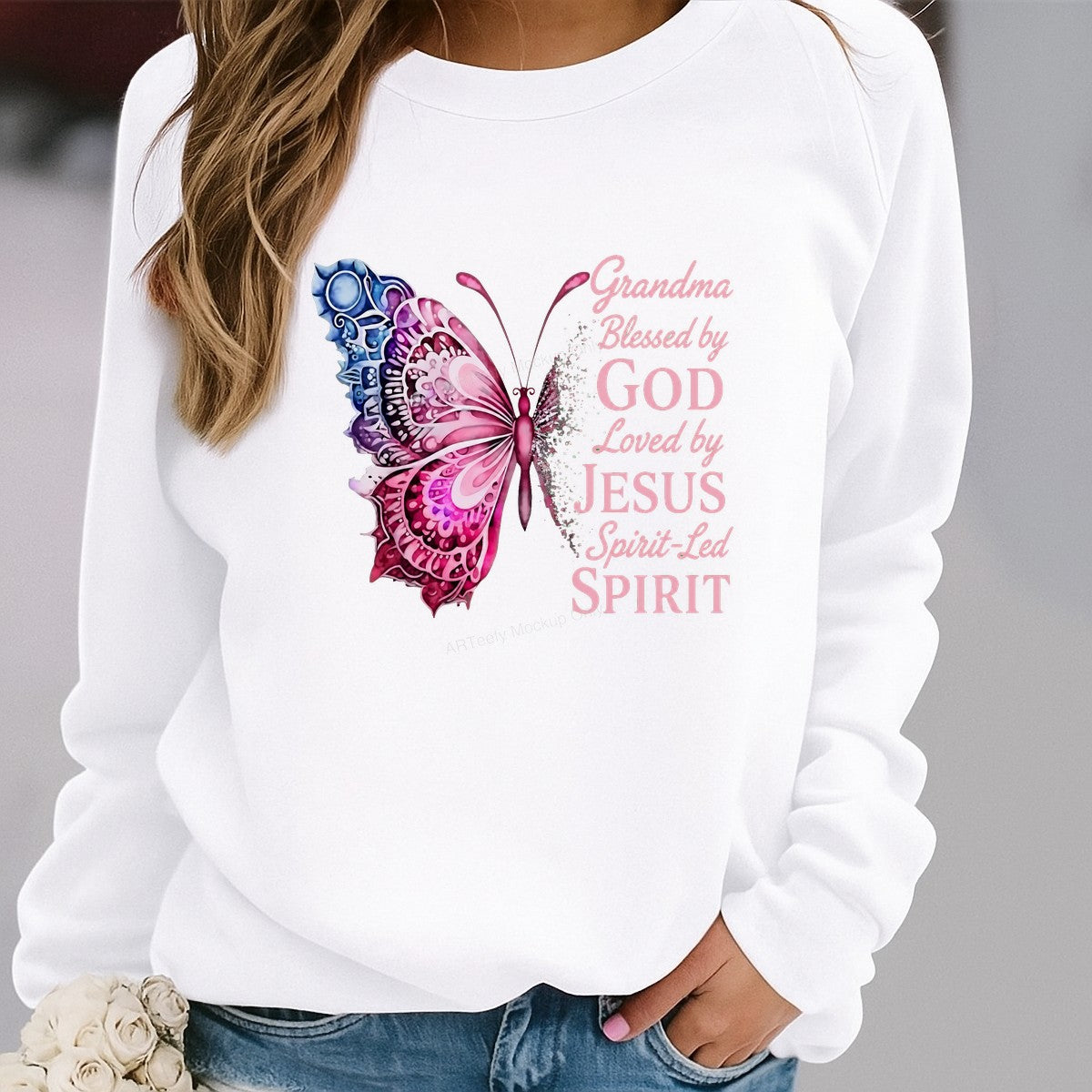 Christian Heat Transfer Grandma Blessed by God Loved by Jesus Butterfly Graphic for T Shirts Hoodies and Gifts - 2