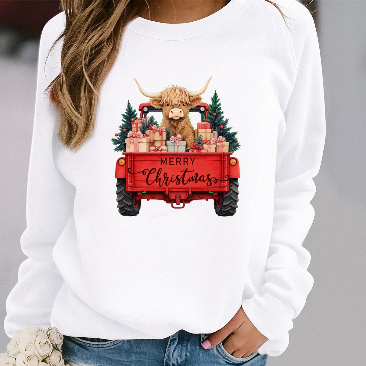 DTF Heat Transfer Merry Christmas Highland Cow in Red Truck Graphic for Holiday Shirts and Gifts - 2