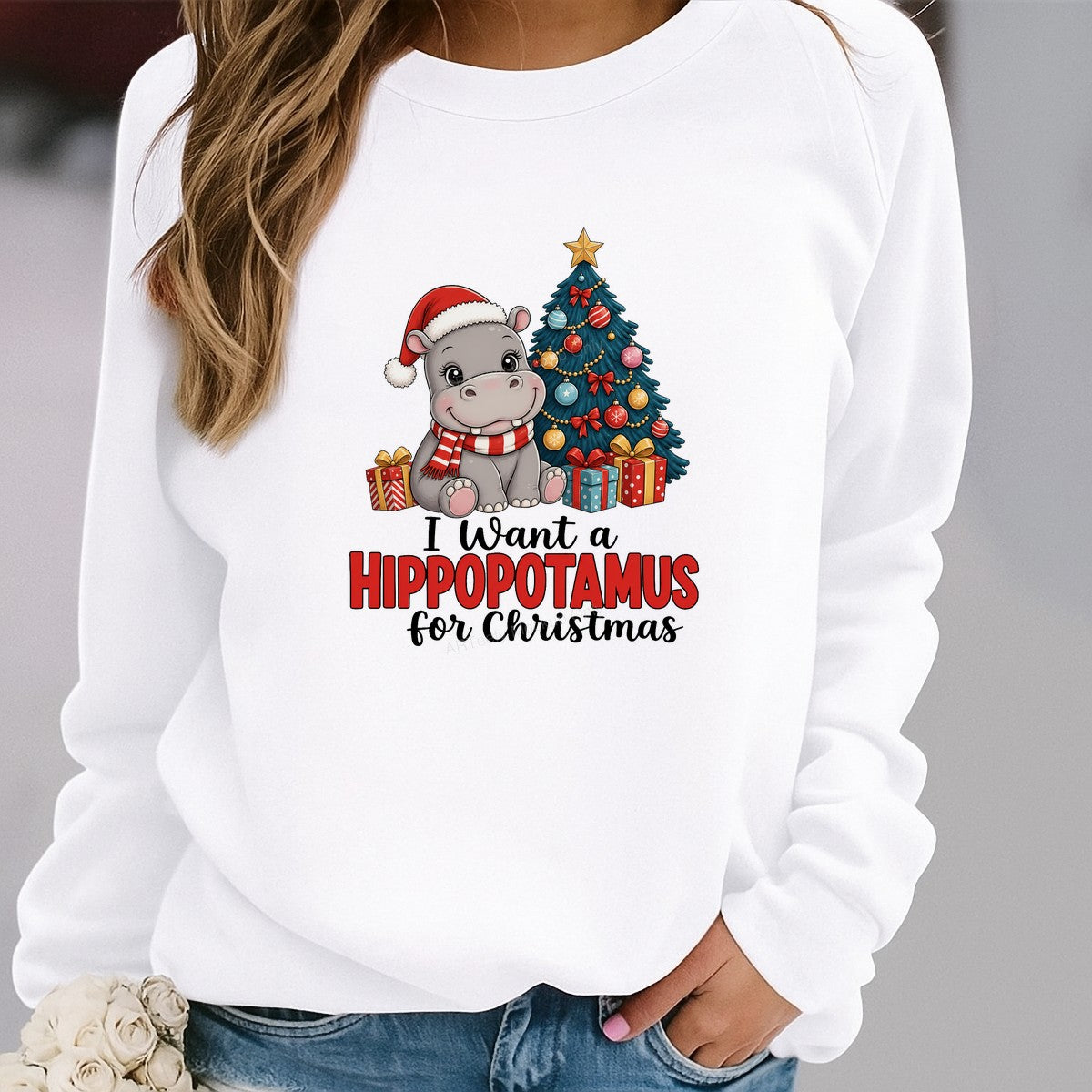 DTF Transfer I Want a Hippopotamus for Christmas Santa Hippo and Tree Graphic for Holiday Shirts and Gifts - 2