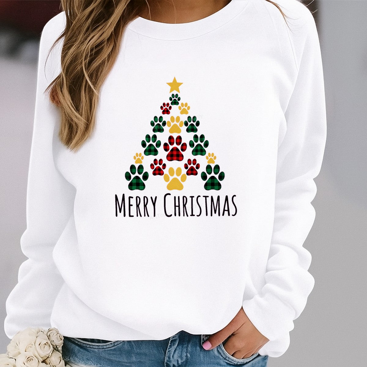 DTF Transfer Merry Christmas Dog Paw Tree Buffalo Plaid Graphic for Holiday Shirts and Pet Lover Apparel - 2