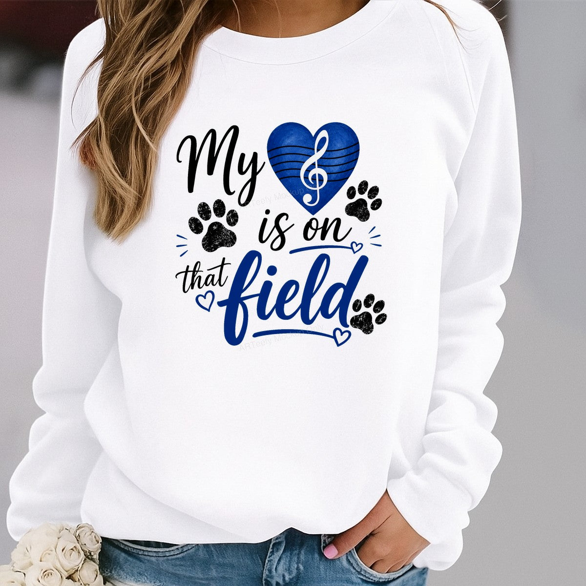 DTF Transfer My Heart Is On That Field Blue Heart Paw Print Music Note Graphic for T Shirts Hoodies and Game Day Apparel - 2