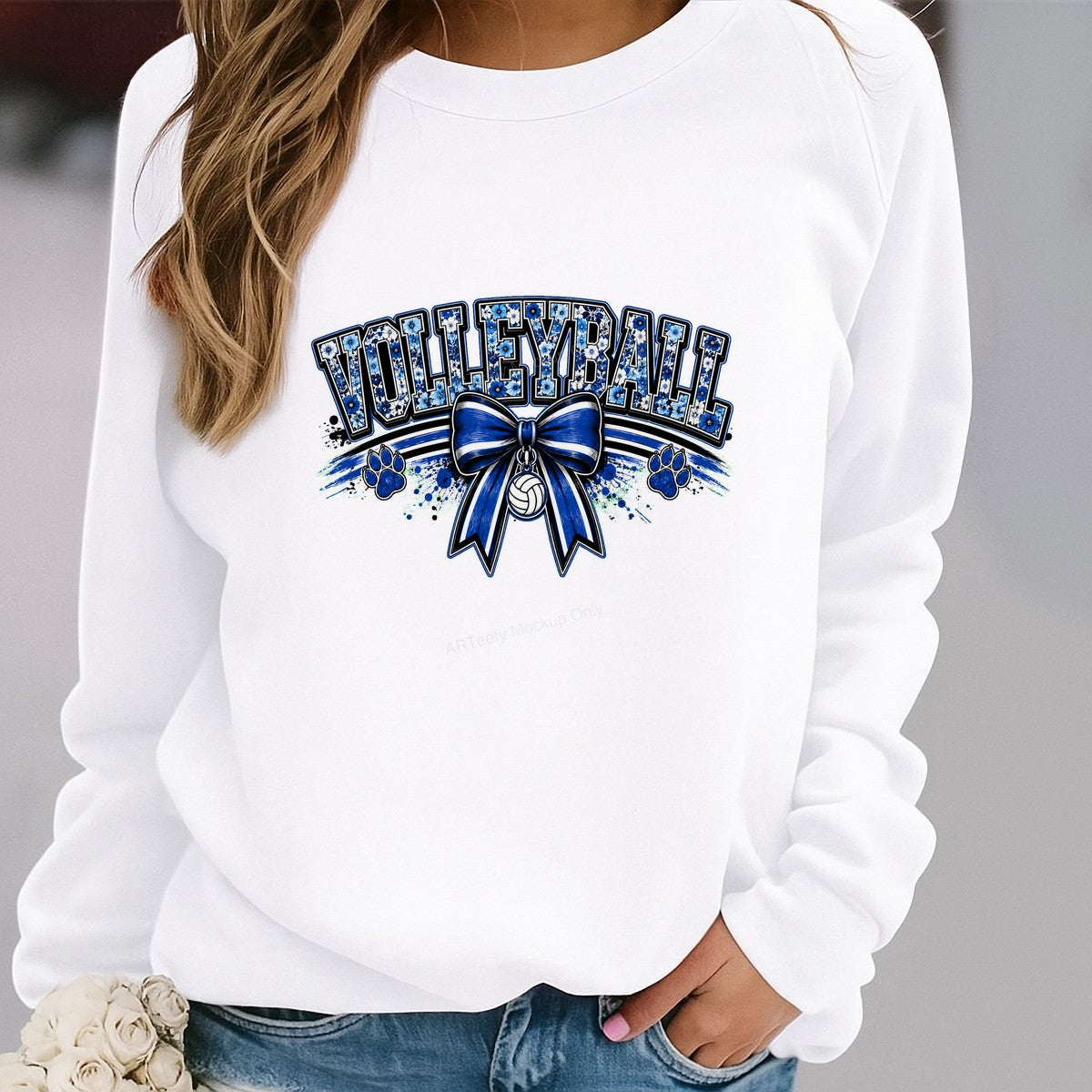 DTF Heat Transfer Volleyball Blue Floral Bow and Paw Print Graphic for T Shirts Hoodies and Team Spirit Apparel - 2