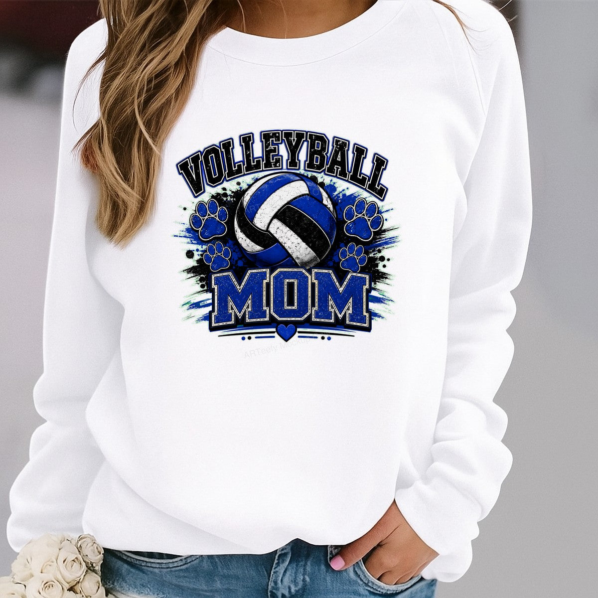 DTF Transfer Volleyball Mom Paw Print Blue Grunge Graphic for T Shirts Hoodies and Tote Bags - 2
